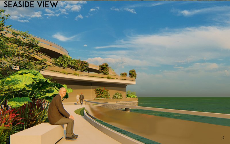 A landscaped promenade overlooking the ocean, blending greenery with flowing architectural lines.