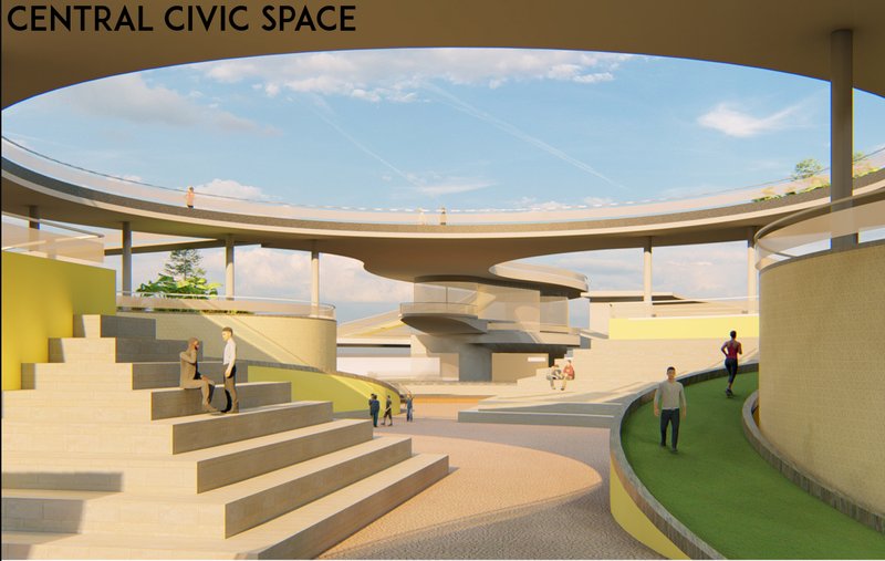 An open civic courtyard framed by elevated walkways and terraced seating for community interaction.