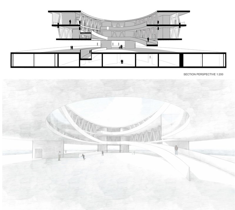 A dynamic sectional perspective revealing layered cultural, educational, and public spaces interconnected by sculptural ramps.