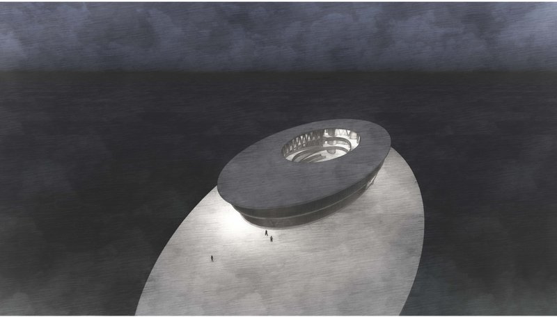 The Athenaeum illuminated over water, appearing as a glowing disc that transforms Rio’s bay into a nocturnal cultural stage.