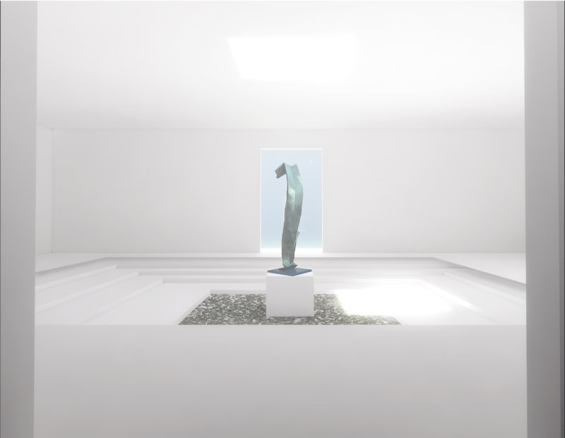 A solitary sculpture stands beneath diffused daylight, creating an intimate sensory pause.