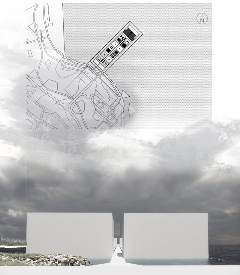 A linear architectural form extends into the water, creating a precise sensory axis from land to sea.