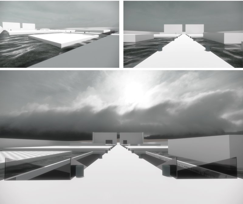 Minimalist volumes hover above the water, guiding visitors through a calm, sensory-focused promenade.