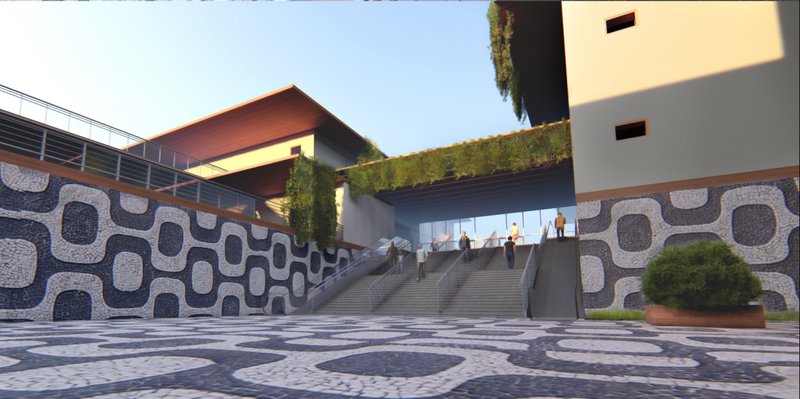 A dramatic entry sequence where patterned paving, greenery, and sculpted volumes create a vibrant public gathering space.