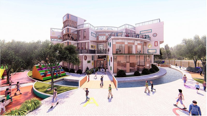 The vibrant main entrance integrates play, landscape, and water features to create an engaging arrival experience for young learners.