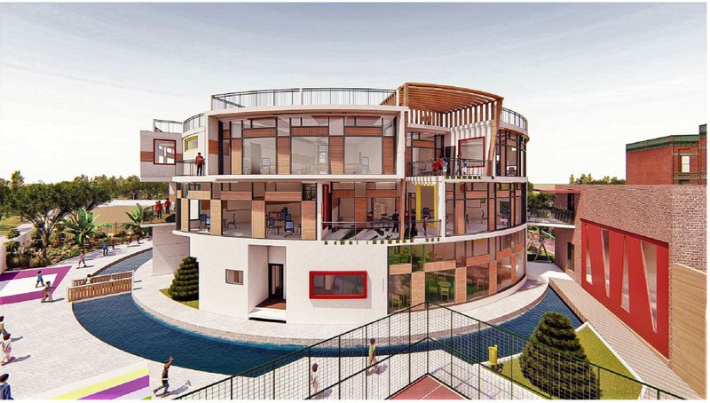 A dynamic multi-level façade combining transparency, warm materials, and open terraces to support interactive educational activities.