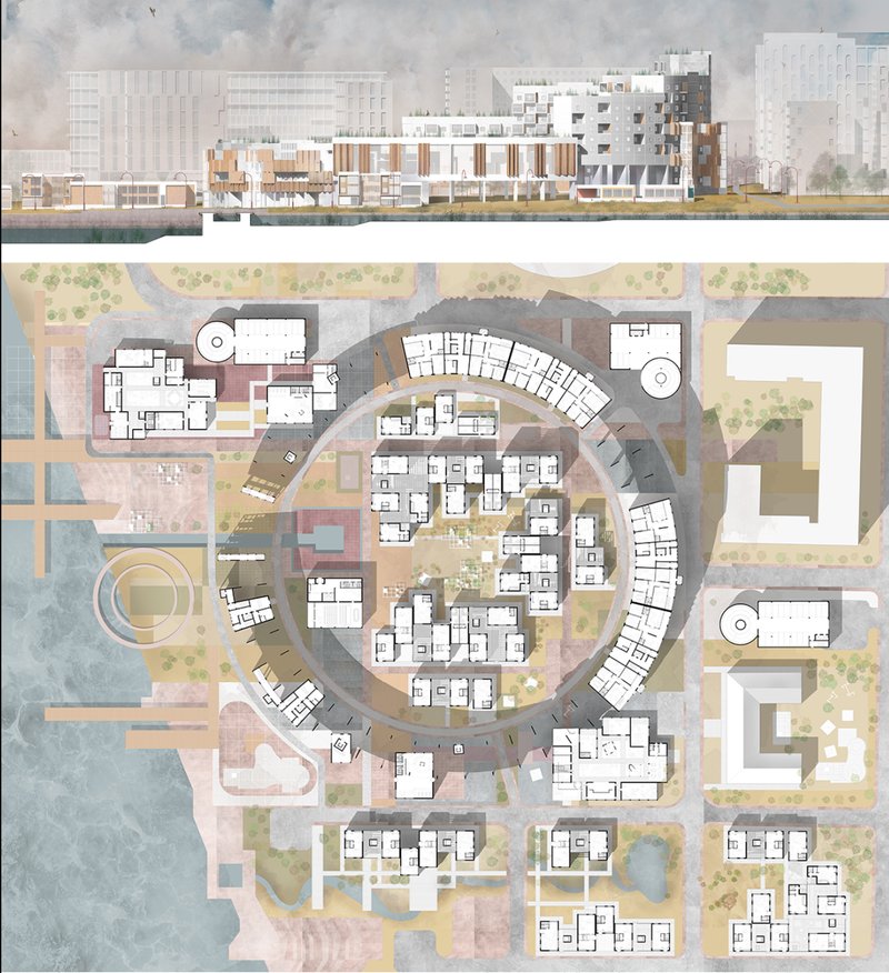 A detailed site plan and elevation showing the project’s integration with the waterfront, public squares, and urban circulation.