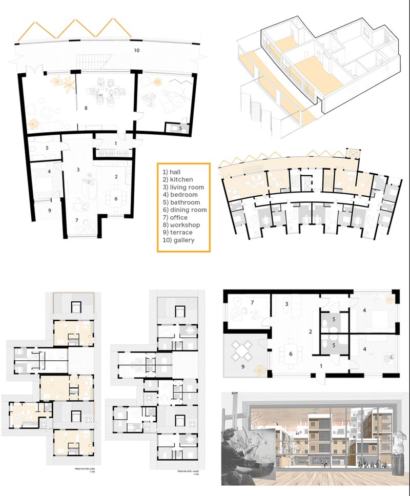 A collection of floor plans and 3D diagrams demonstrating diverse apartment layouts that blend living spaces with creative studios.