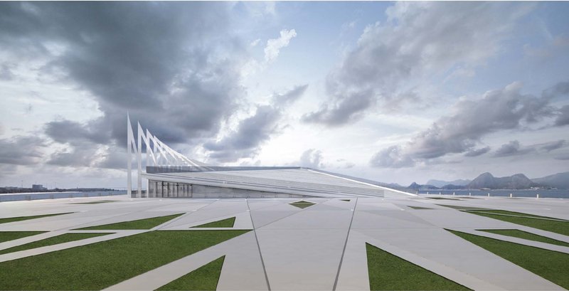 A sweeping waterfront landmark defined by sharp geometric planes and a rising sculptural roof.