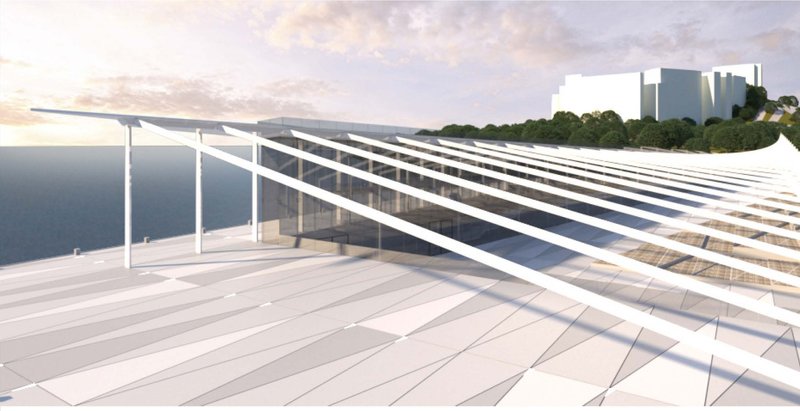 Lightweight structural lines create a dynamic rhythm across the glazed façade and waterfront horizon.