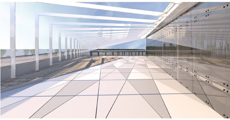 An open walkway framed by repeating structural elements, merging light, shadow, and transparency.