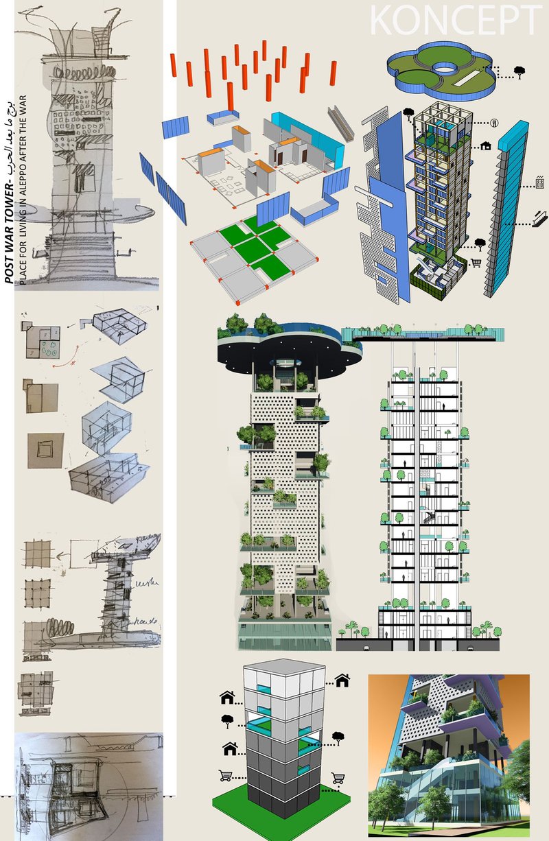 Early concept sketches exploring the transformation of traditional Arabic homes into vertical modules.