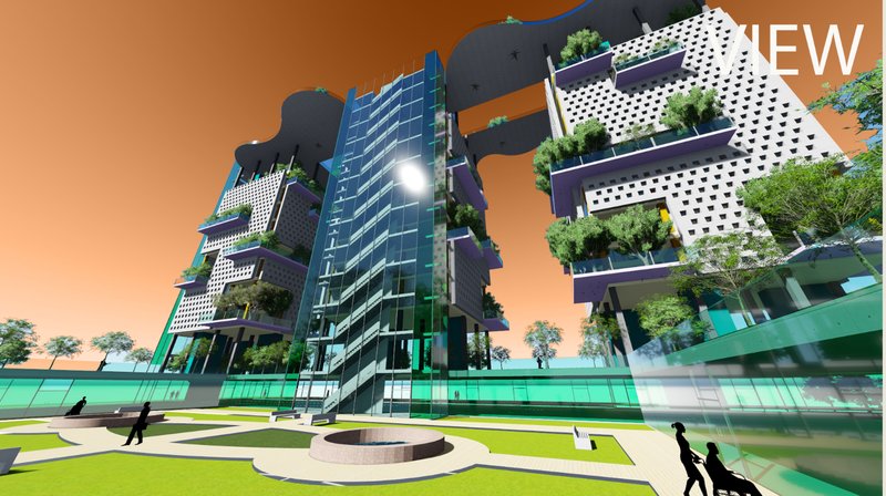 Ground-level perspective highlighting the transparent core and suspended green terraces.