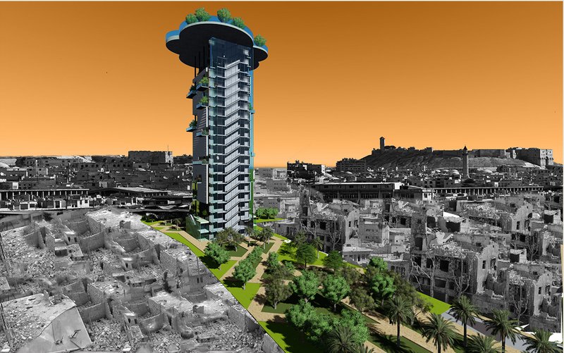 The tower emerging from Aleppo’s post-war landscape, symbolising regeneration and hope.