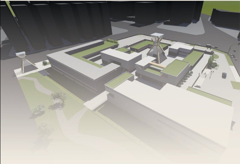 A top-down perspective revealing the project's hourglass core and green-roofed funeral complexes.