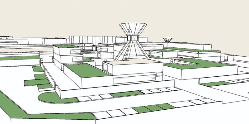 Conceptual drawing highlighting zoning, circulation, and the hourglass-shaped cremation tower.