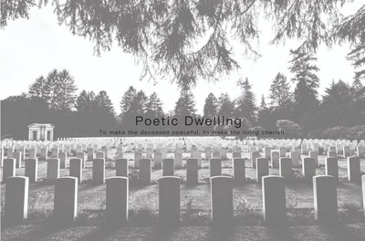 The image depicts a grayscale view of a cemetery with rows of headstones stretching into the distanc