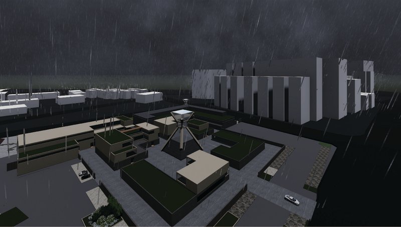 A render showcasing the project’s atmosphere and visibility during darker weather conditions.