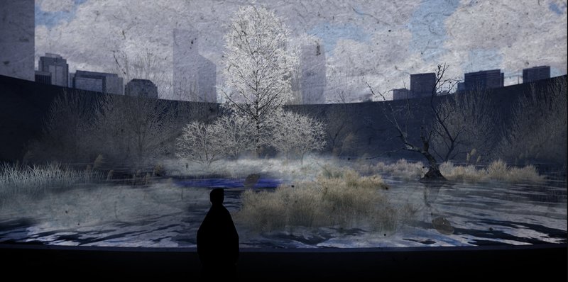 A serene view of the circular sanctuary where mourners silently witness nature as a vessel for memory and farewell.