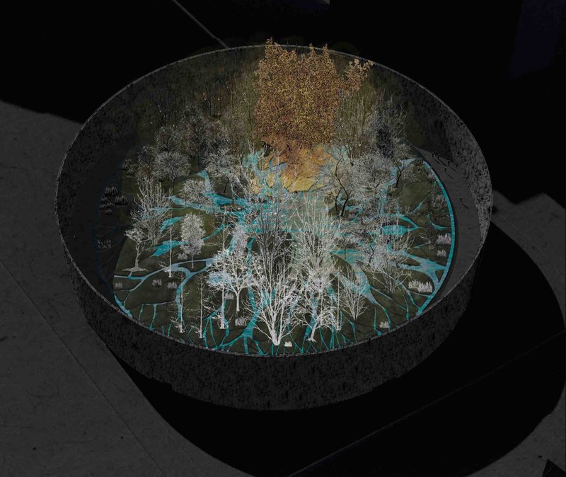 Top-down visualization of the memorial island—an intricate landscape symbolizing the regenerative cycle of life and death.