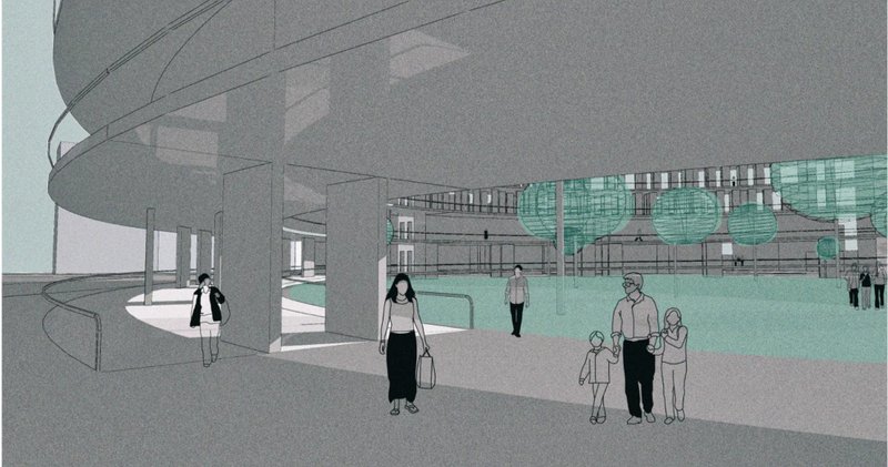 Visitors walk through the accessible memorial park beneath the ascending spiral structure.