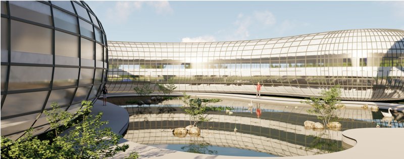 Curved glass façades reflect a tranquil water body, merging futuristic architecture with serene landscape design.