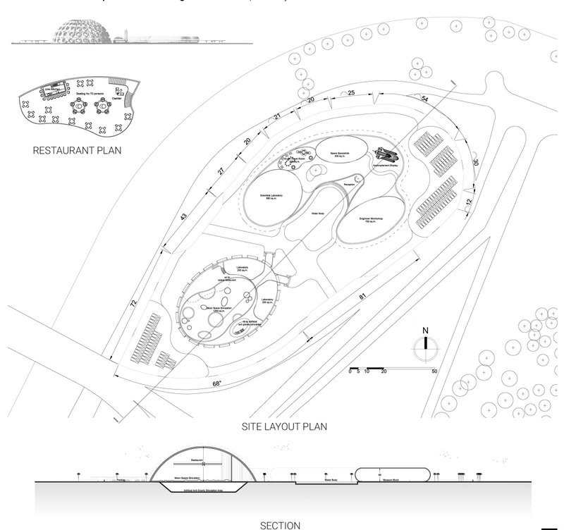 A detailed site plan illustrates the project's interconnected spatial program—engineer labs, simulation domes, and circulation.