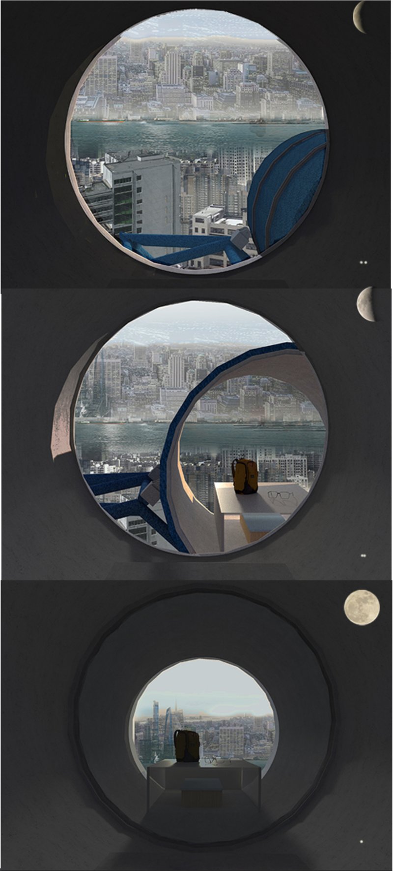 A quiet moment of reflection inside the Ferris wheel pod, overlooking the urban skyline beneath the waxing moon.