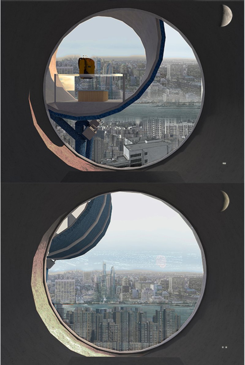 The rotating cabins reveal shifting light and skyline views—symbolizing the passage of time and the cycle of life and memory.