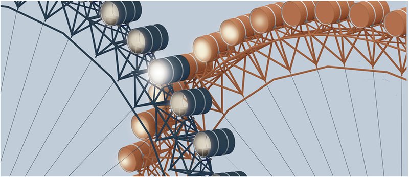Concept illustration showing intersecting pods on the dual Ferris wheels, designed as ceremonial capsules of remembrance
