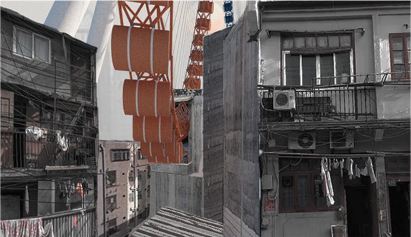 The future rises from the past—vertical cemetery architecture towers above preserved historic residential lanes.