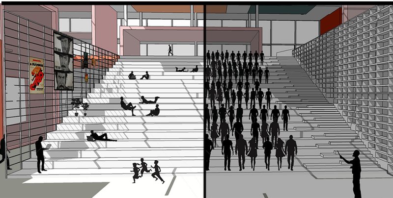 A multi-use stair zone supports both leisure and learning—shifting seamlessly between passive and active engagement.