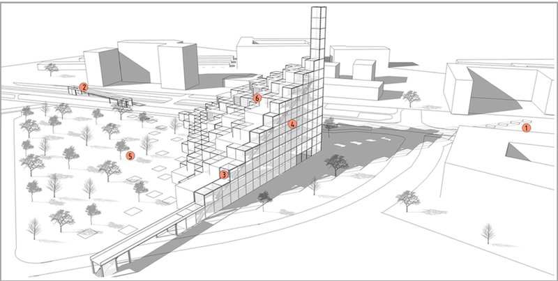 The library anchors itself in the city with a bold silhouette and clear orientation toward civic and natural elements.