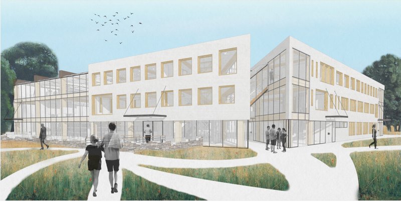 A welcoming entrance framed by pathways and natural landscaping emphasizes the center’s integration with community life.