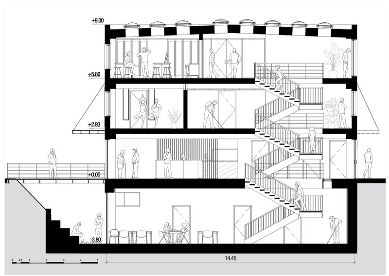 Detailed sectional cut showcasing diverse therapeutic activities and natural light across vertical levels.