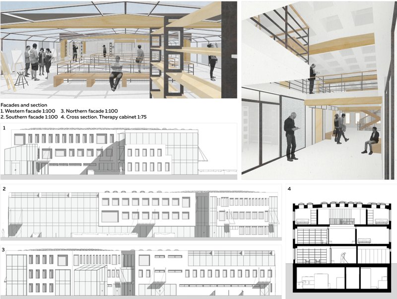 Interior perspectives and facades reflect warm, transparent, and human-scale spaces that support healing and community bonding.