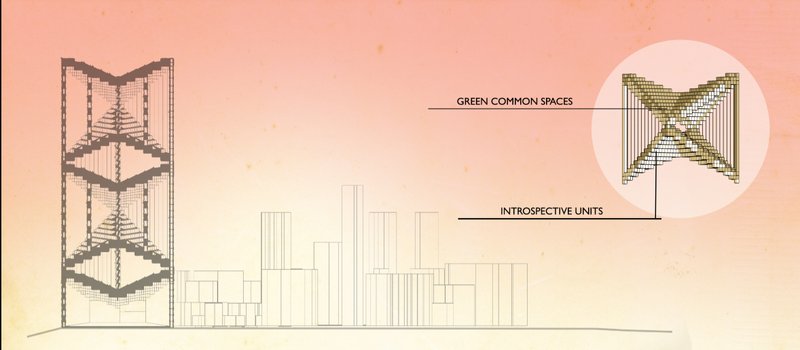 Section revealing vertical zoning: introspective units framed by green communal spaces.