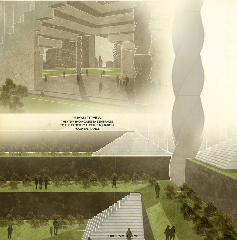 Public plaza and aquamation chamber entrance designed for openness and accessibility.