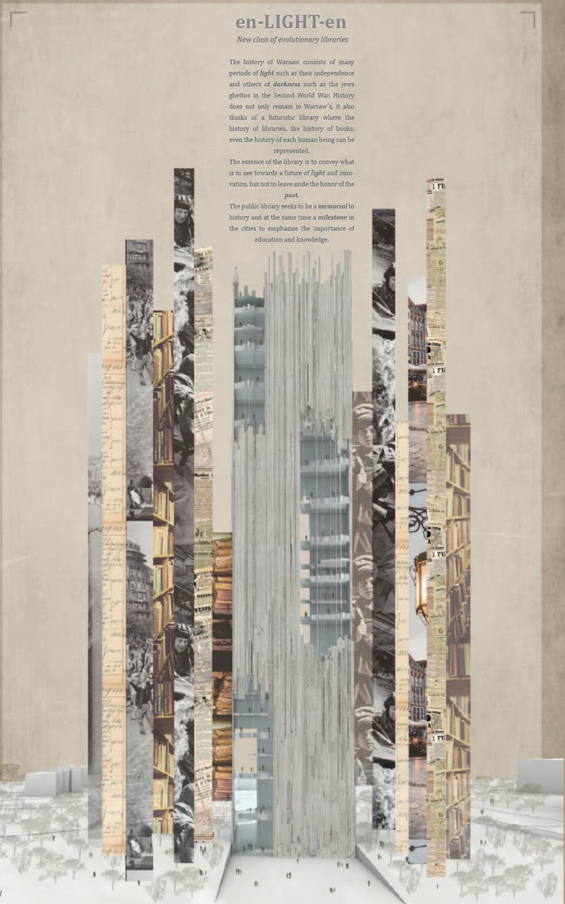 A monumental library tower symbolizing memory and progress through layered historical and architectural textures.