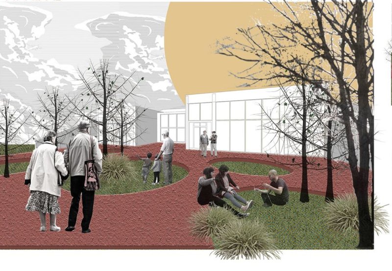 Landscape concept inspired by film and labyrinths, featuring walkways, memorial gardens, and outdoor exhibition spaces.