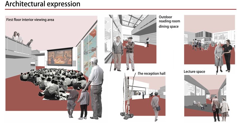 Architectural axonometry and plans showcasing diverse spatial functions—cinema, workshops, and communal areas for all ages.
