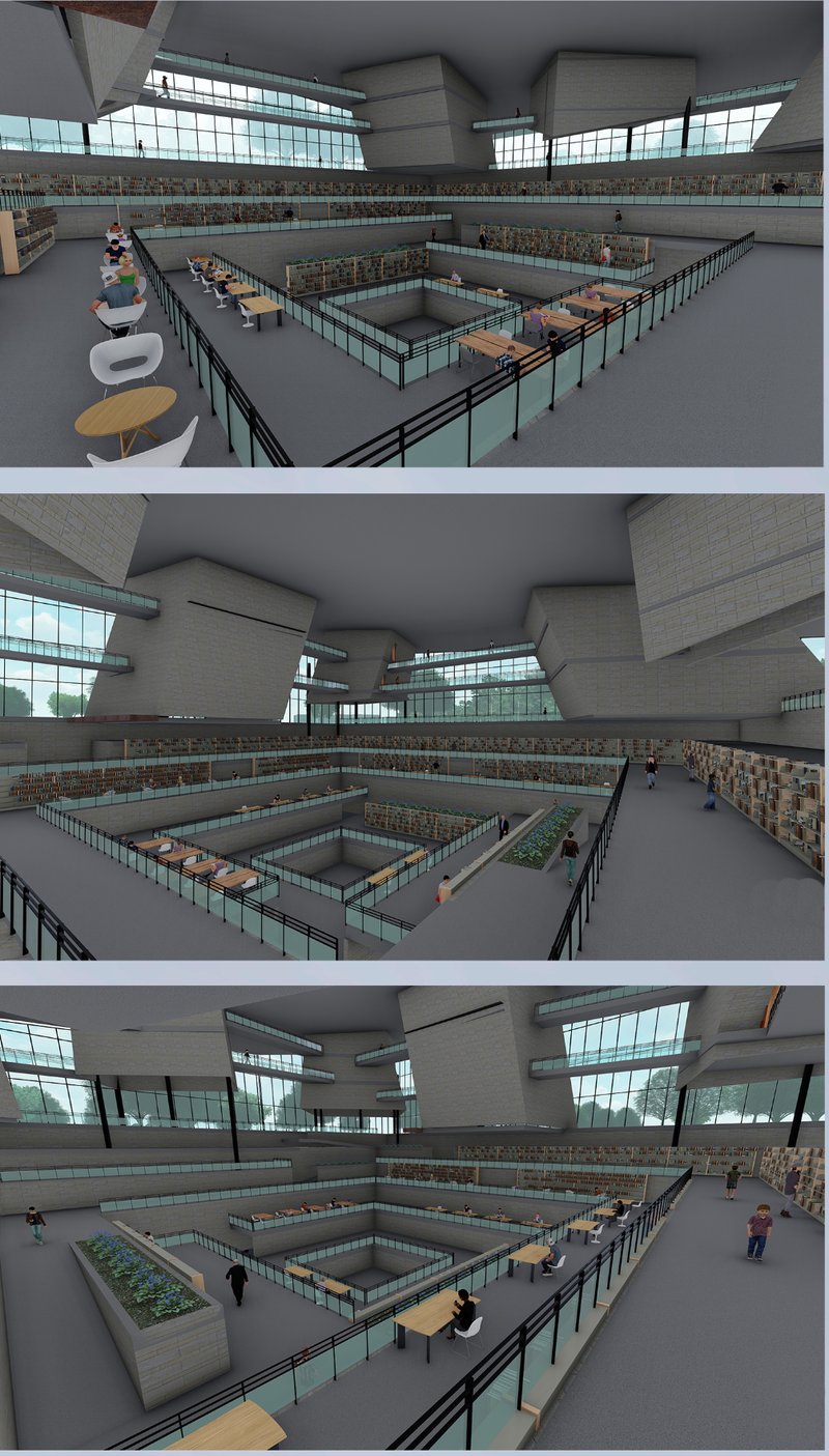 Interior rendering of the library reading hall with glass partitions and overhead clerestory windows