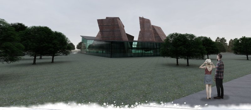 Exterior view of the glass and metal base with angled weathered steel towers rising above the lawn