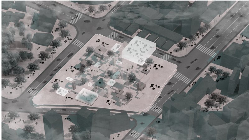 Top-down view revealing the digital cemetery’s integration into the city fabric, with open plazas and symbolic religious zones.