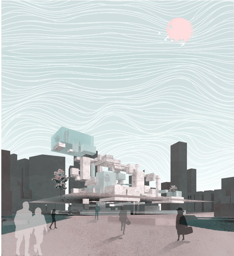 Pedestrian experience of the memorial complex highlighting elevated cubes, interactive memory boxes, and public engagement.