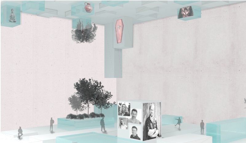Zoomed-in view of holographic memorials and personalized archives preserving memories through technology and architecture.