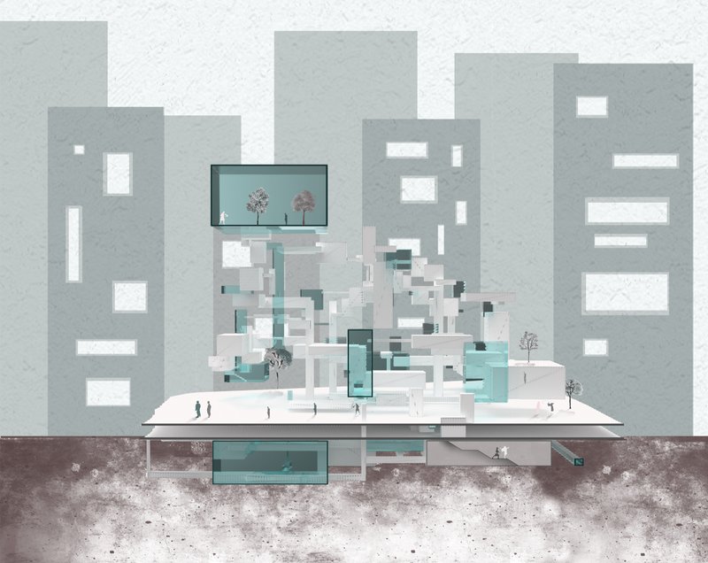 A layered sectional view showcasing modular memorial volumes and integrated digital spaces within the urban cemetery.