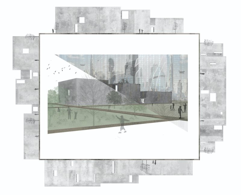 A rendered perspective of the complex as a quiet island amidst the futuristic digital sprawl.