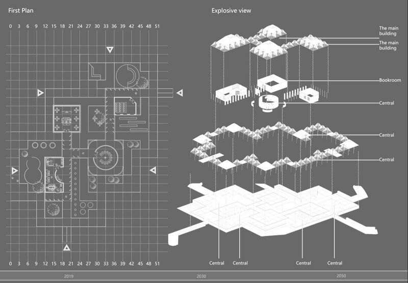 First floor plan and exploded axonometric drawing showing stacked spatial layers with central circulation spine