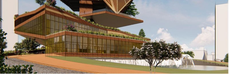 A shaded civic plaza beneath the tower fosters inclusive gathering and quiet reflection.